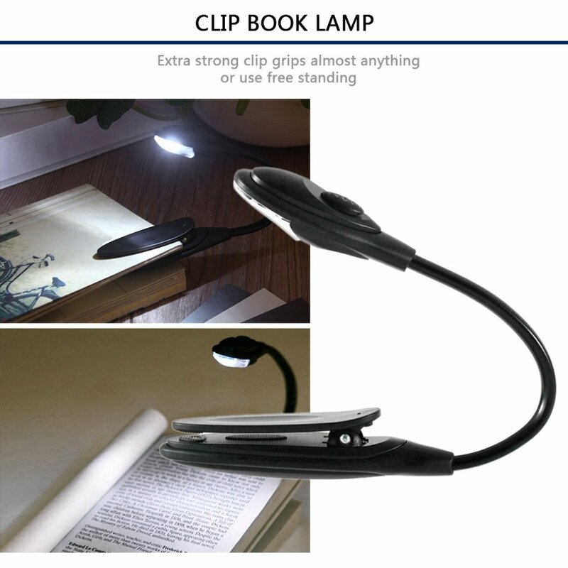 Mini flexível clip-on brilhante livro luz, branco LED livro lâmpada de leitura, compacto e portátil, estudante dormitório luzes