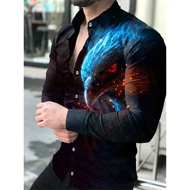 Мужская оригинальная модная рубашка с длинным рукавом, новая 3D рубашка с рисунком орла HD, с откидным воротником и пуговицами, гавайский Повседневный Кардиган