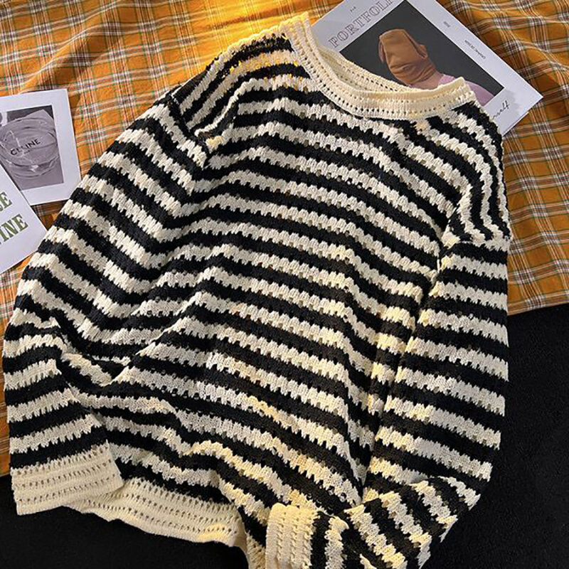 Sweater pria lengan panjang, Atasan musim gugur Pullover ukuran besar mode keren Vintage leher O, sweater lengan panjang motif garis-garis hitam putih