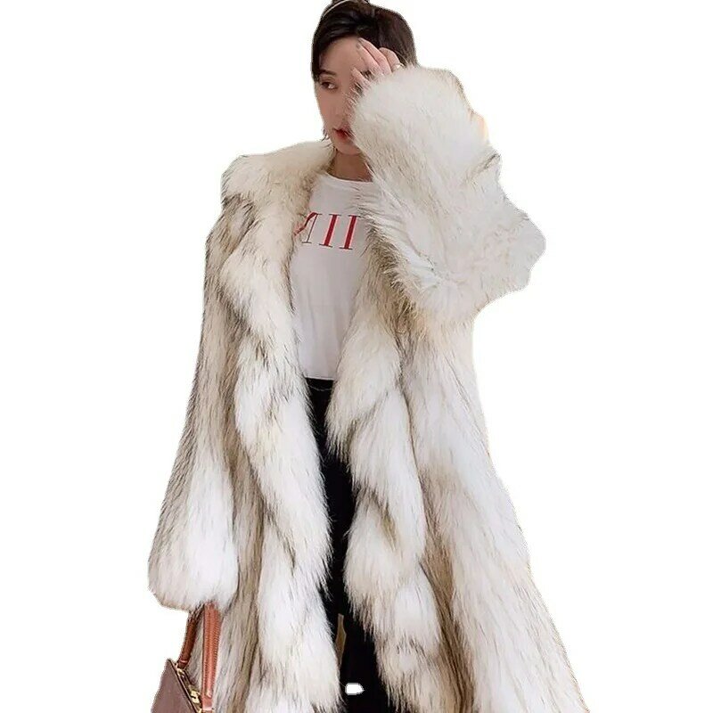 Abrigo de piel de mapache de imitación para mujer, abrigo largo y cálido, tejido de piel de zorro, ligero, de lujo, invierno, nuevo, 2022