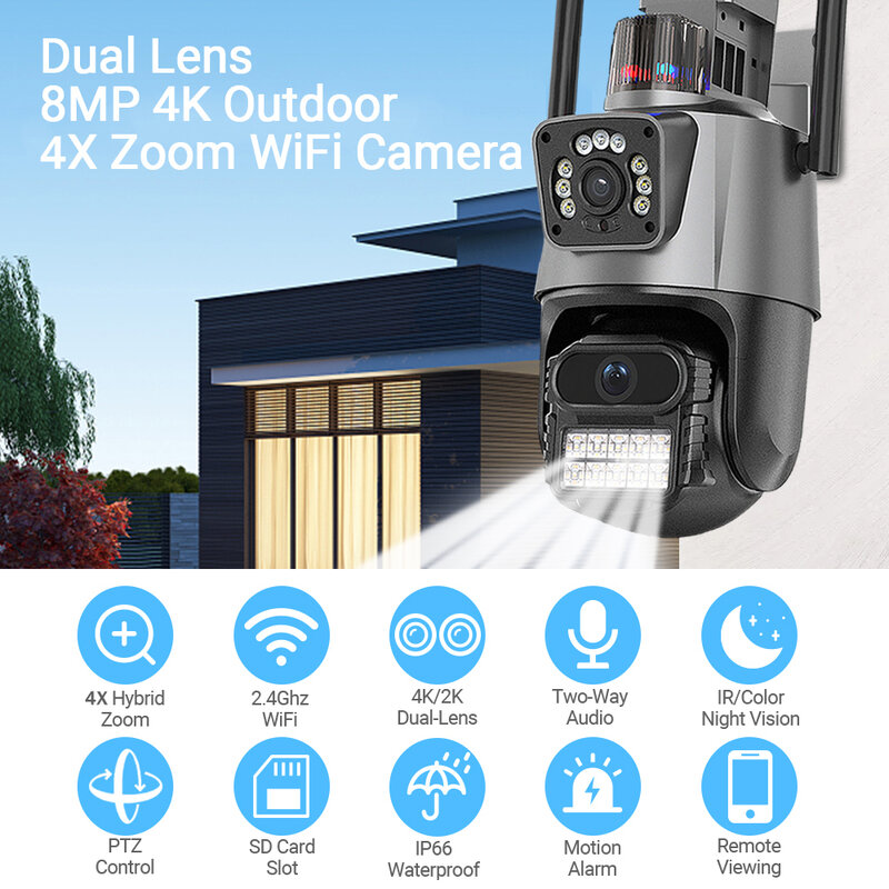 AMROL-PTZ Video Security Camera, Dual Screen, Alarme, Detecção de Movimento, Ao ar livre, Sem fio, Lente Dupla, Wi-Fi, 4MP, 8MP, 8MP, IP