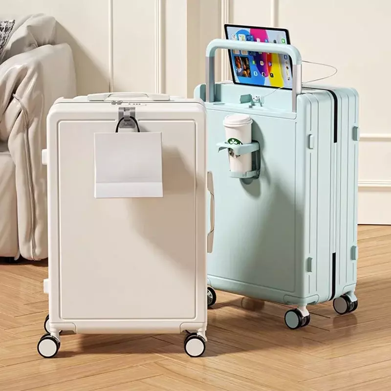 Wide Pull Rod Luggage Hook USB Charging Port Multi-Functional 24" Universal Wheel Boarding Suitcase ABS+PC Folding Cup Holder