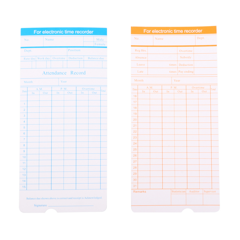 Mensal Time Print Sheeting Cartões, Registro para Office, Time Attendant, 1 Set