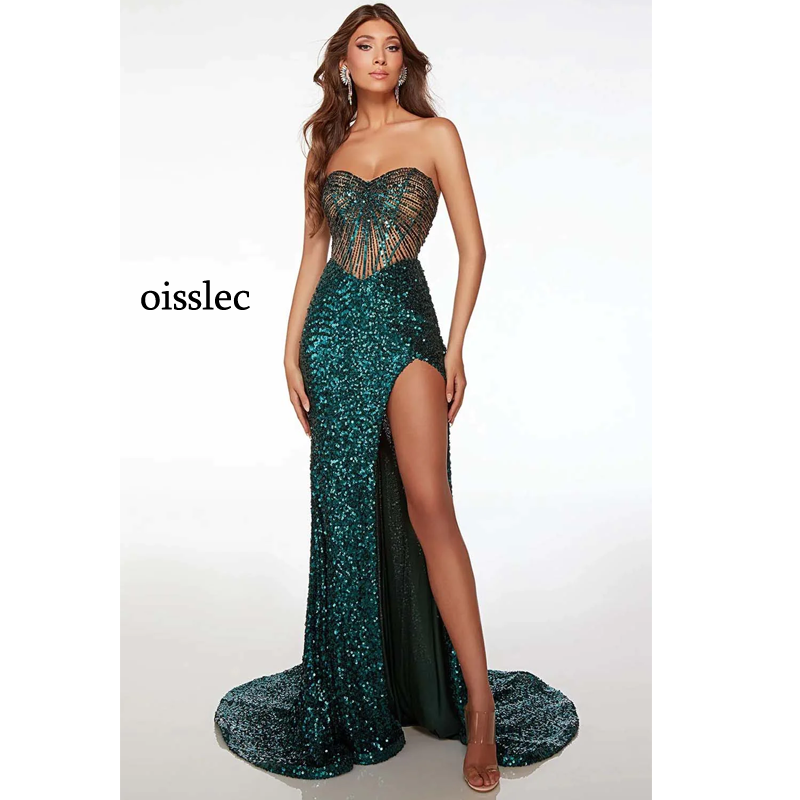 Oisslec-スパンコールのついたイブニングドレス,裸の背中,カスタムメイド,ハイスリット,ビーディング,タイトなセレブのドレス,パーティードレス