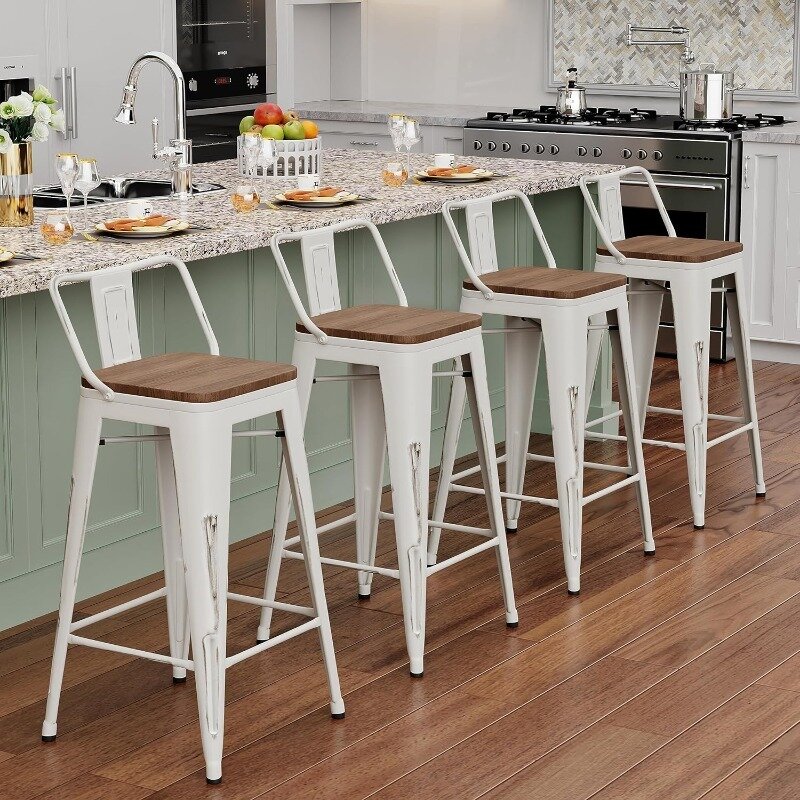 30IN Metal Bar Stools Set of 4 Counter Height Barstools Industrial Counter Stool Kitchen Bar Chairs with Modern Wooden Seat