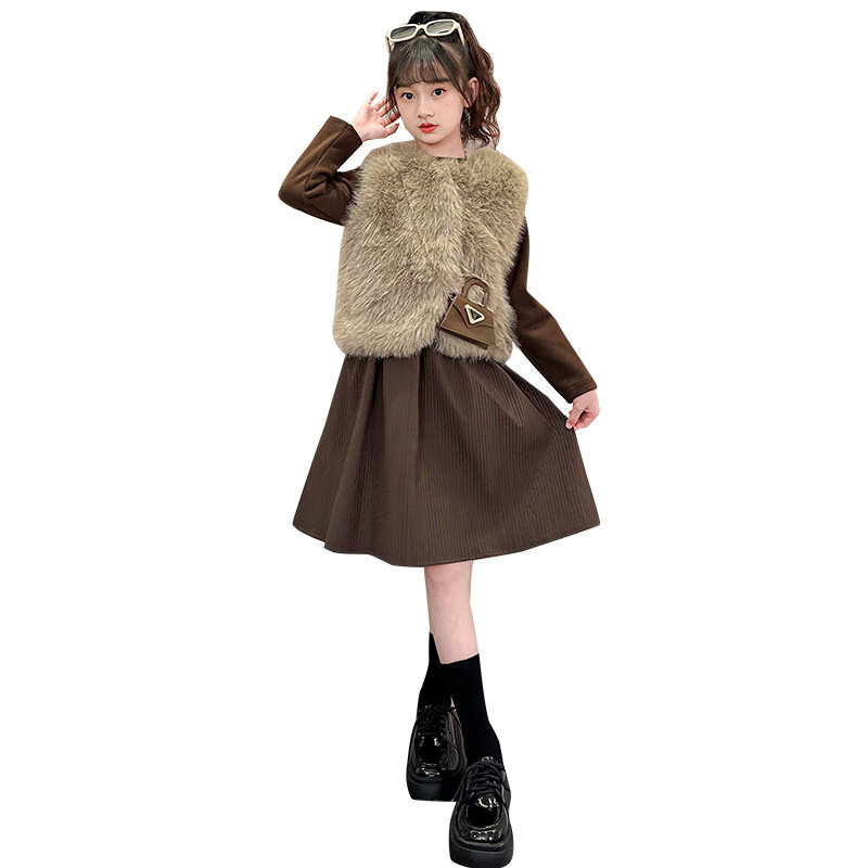 Girls' Autumn and Winter New Fur Vests Velvet Padded Dress Two-Piece Suit Medium and Big Children Western Style Party Skirt Suit