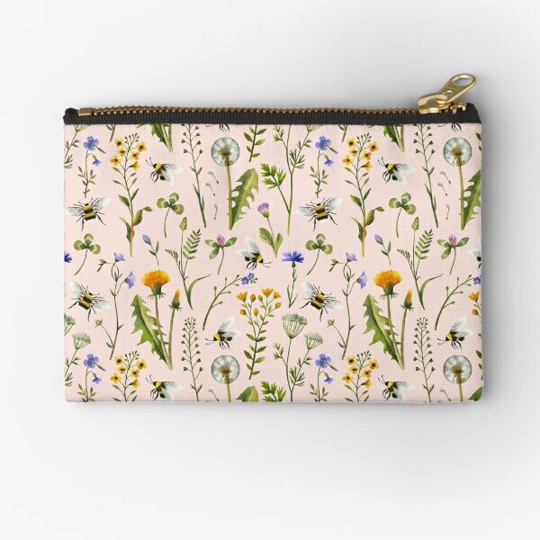 Bees And Wildflowers On Blush  Zipper Pouches Money Wallet Women Panties Men Coin Key Small Bag Storage Pocket Packaging Pure