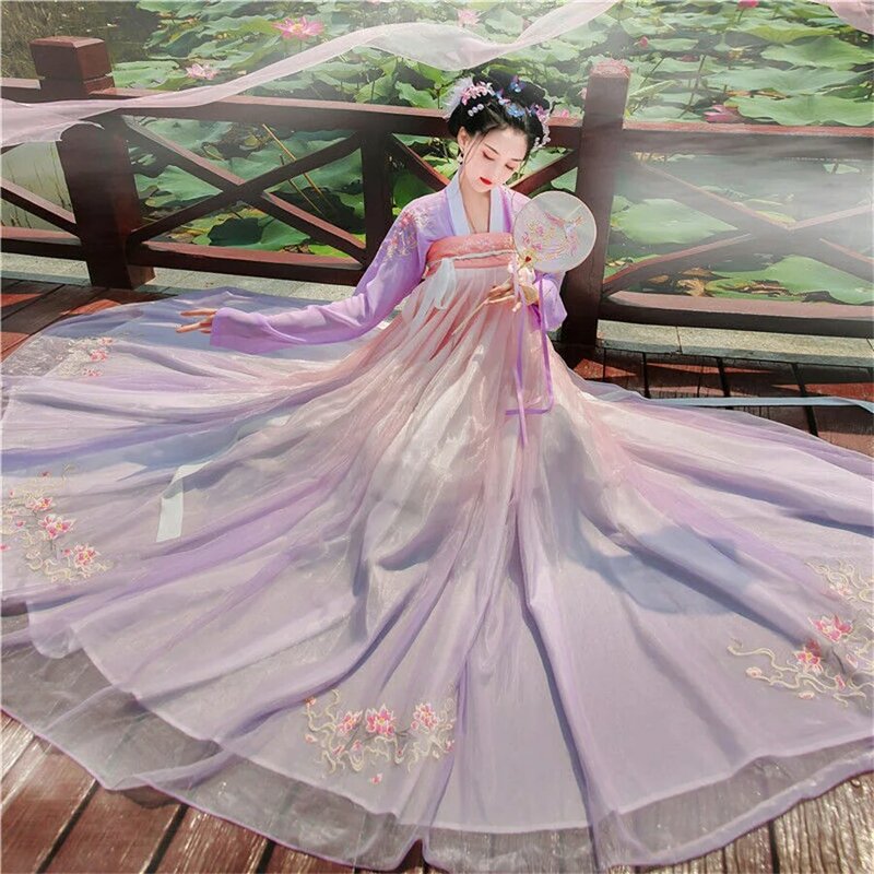 فستان هانفو الصيني التقليدي للنساء ، أزياء الأميرة هان تانغ ، التنورات الأنيقة ، الملابس الوردية والخضراء ، تأثيري المسرح الصيني القديم