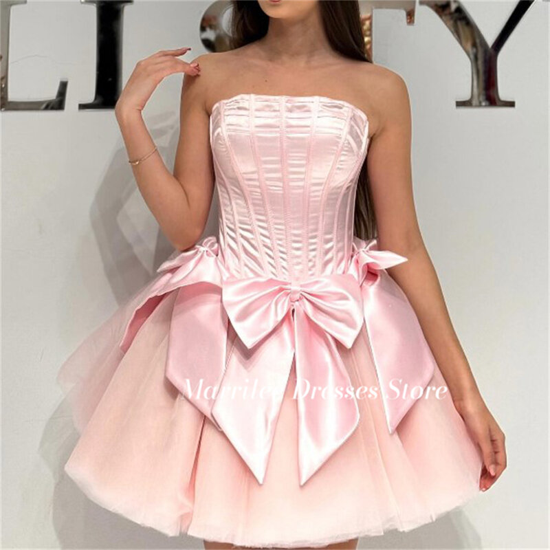 Marrilee Pink Princess Strapless Short Stain Evening Dress With Bow A-Line Mini Above Knee Backlee Lace Up Tulle Prom Party Gown