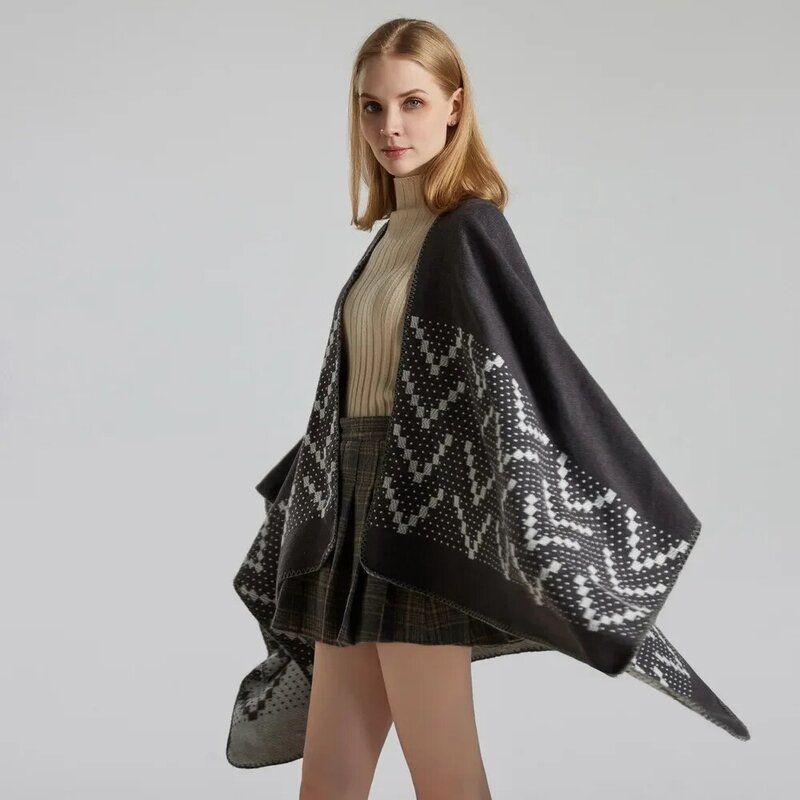 2024 New Autumn  Winter Warm Shawl Women's Travel Imitation Cashmere Fork Thickened Cloak Ponchos Black