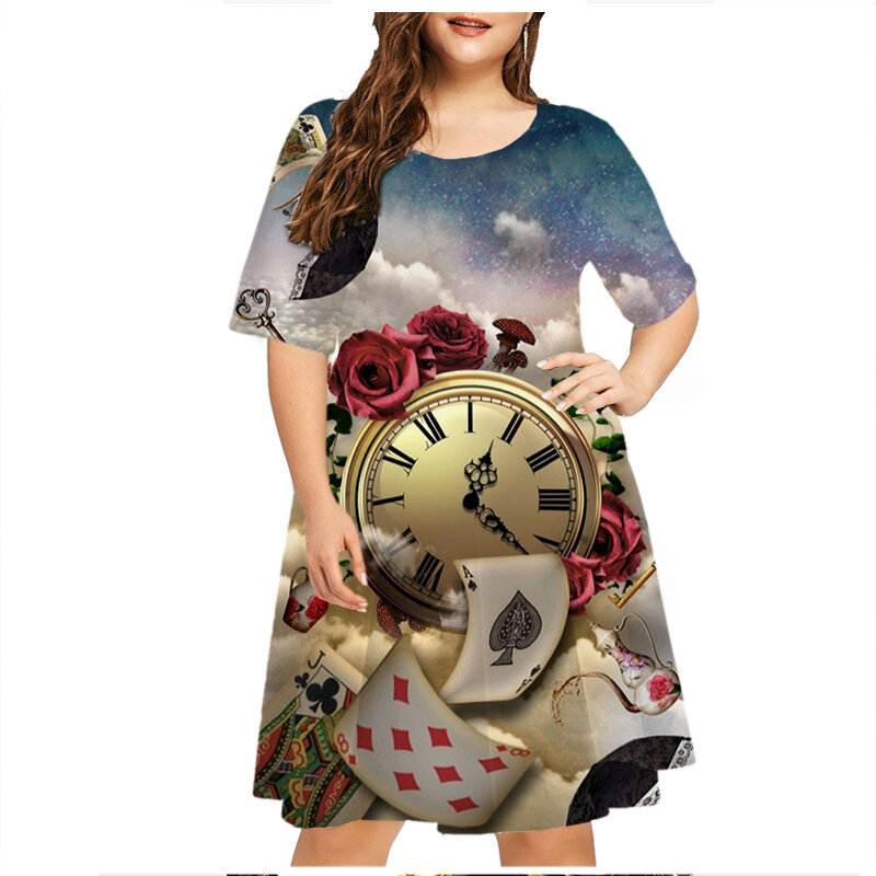2023 Sommer Vintage Uhr Druck Kleid Frauen lustige Katze Kurzarm lose Kleid lässig O-Ausschnitt Damen plus Größe Kleid 6xl Kleidung