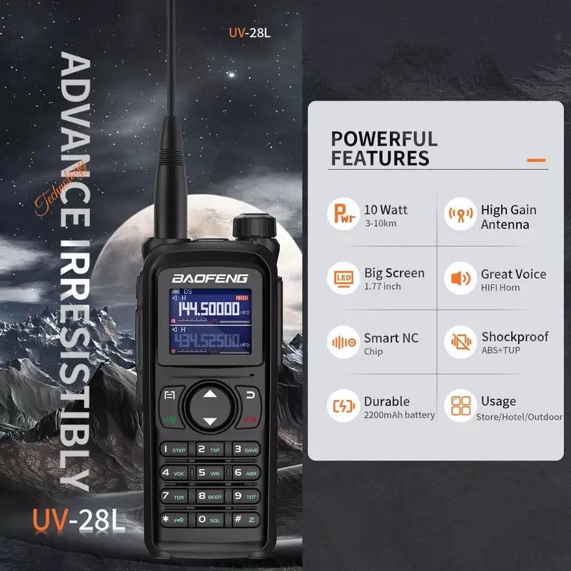 Baofeng-walkie-talkies UV 28 Ham, 199 canales, 5-10km, 10 vatios, Radio bidireccional de tres bandas con banda de aire