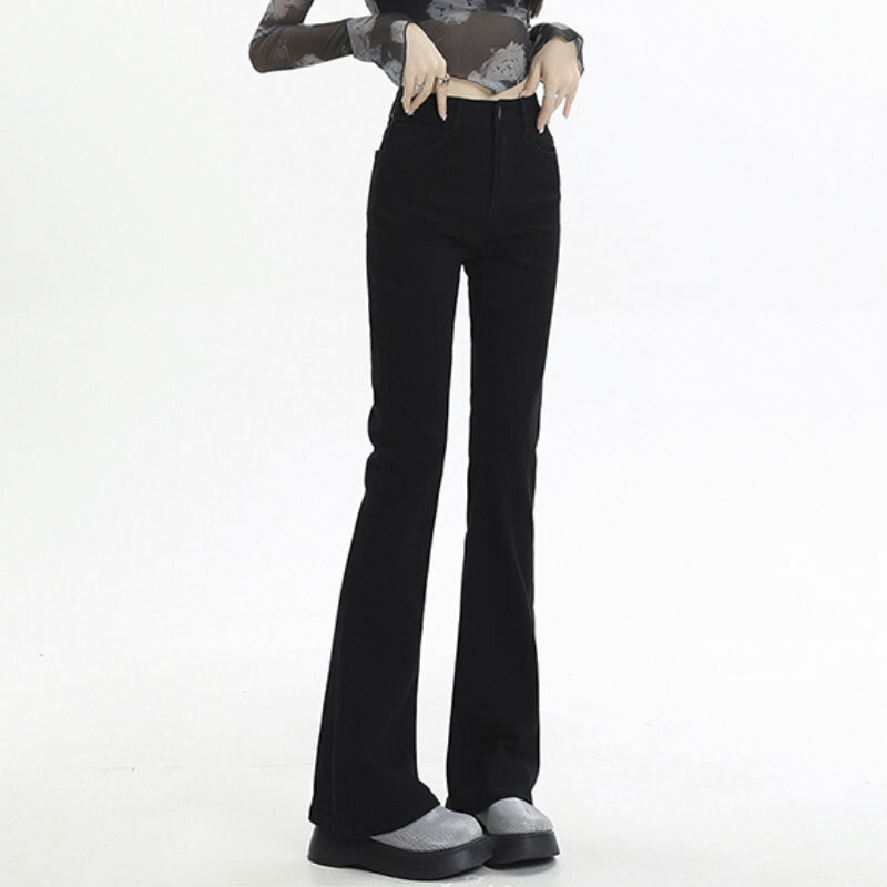 Autumn/winter Warm Black Flared Jeans Slim-fit Fashion Vintage Streetwear New Jeans Women High-waisted Stretch Pants Women
