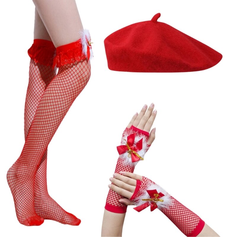 Cosplay Baskenmütze Mesh Strumpf Handschuhe für Erwachsene Teenager Frau Cosplay Weihnachtsmütze für Neujahr Urlaub Party