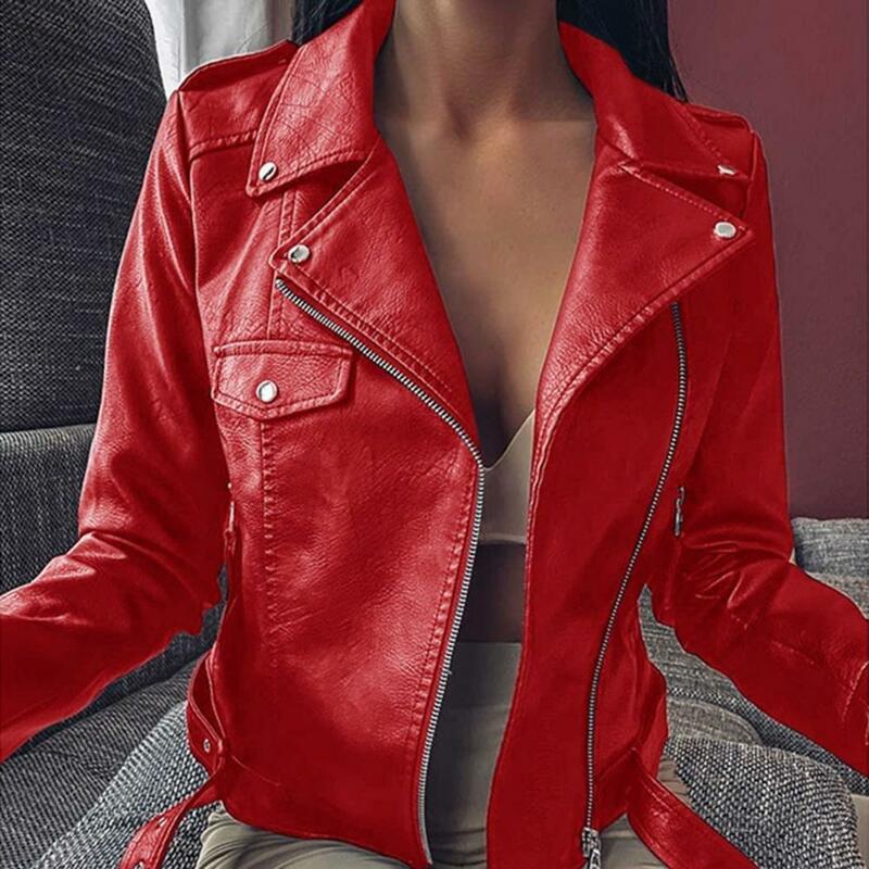 Slim Fit Faux Leather Jacket Motorcycle Clothes Women Short Coat Lapel Collar Solid Color Long Sleeves Zipper Closure Cardigan