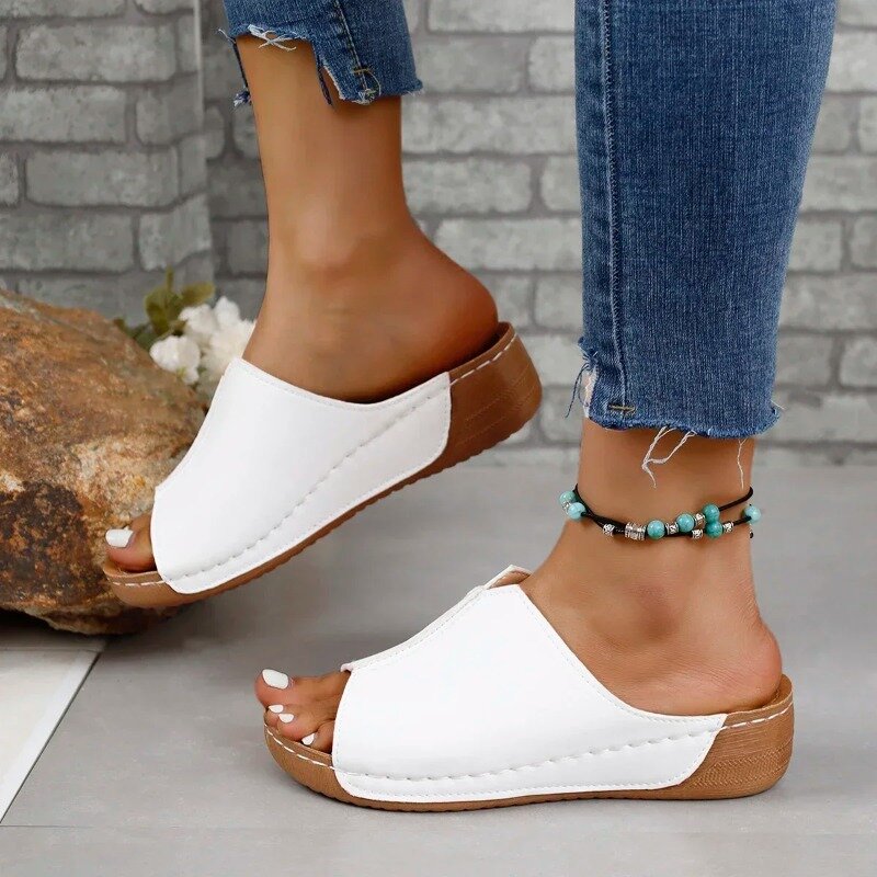 Comemore-Sandalias cómodas con hebilla para mujer, zapatos de cuña con punta abierta, color blanco, a la moda, para verano