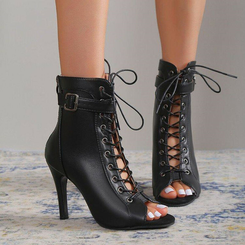 Sepatu bot pesta wanita, stiletto seksi, sepatu hak tinggi, sepatu dansa Latin, sepatu bot renda jari terbuka wanita