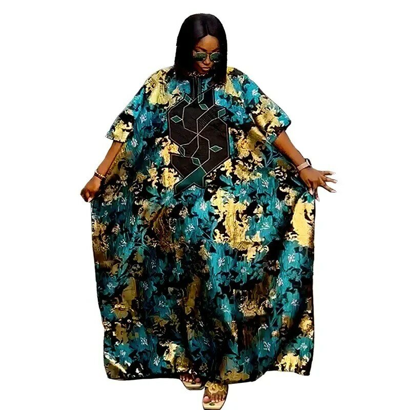 Vestidos con estampado africano para mujer, ropa holgada tradicional nigeriana, azul y amarillo, caftán Abaya musulmán, 2023