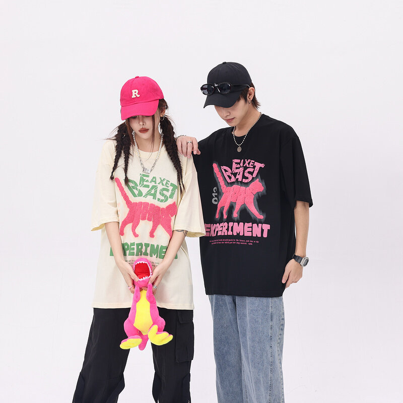 T-shirt a maniche corte stampate gatto cartone animato americano per uomo e donna Y2K Fried Street sciolto coppia oversize top a maniche corte