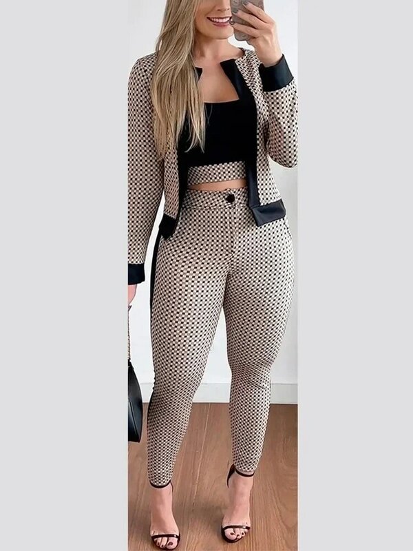 Sets Outifits 2023 Autumn New 3PC Plaid Print Contrast Paneled Crop Top & Pants Set with Coat of Fashion Casual  Elegant Female