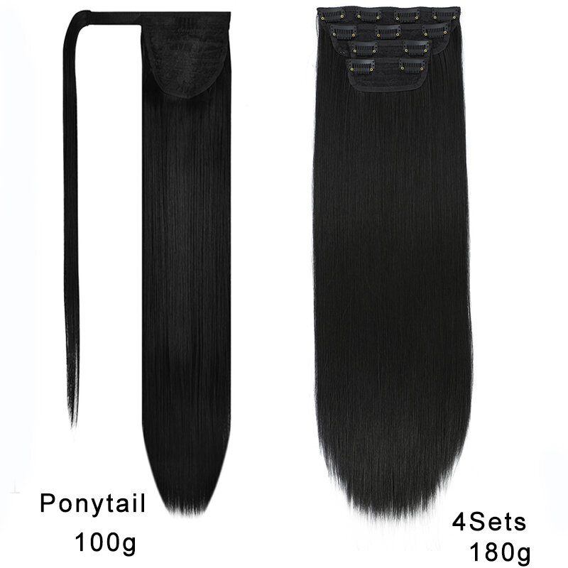 女性用ポニーテール付き人工毛エクステンション、ストレートクリップ、フルヘッドで使用するヘアエクステンション、5セット、クリップ