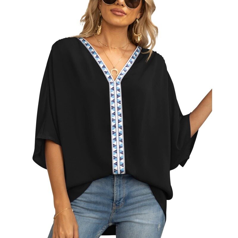 Blusa de gasa con manga de murciélago para mujer, Camisa larga holgada informal con cuello en V, manga corta, verano, Europa y América