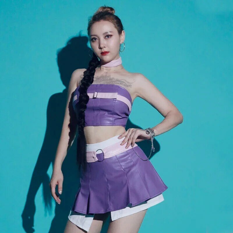 Women Group Jazz Dance Costume Purple Top Skirts Bar Nightclub Dj Ds Gogo Clothes Festival Outfit Stage Performance Wear XS5851