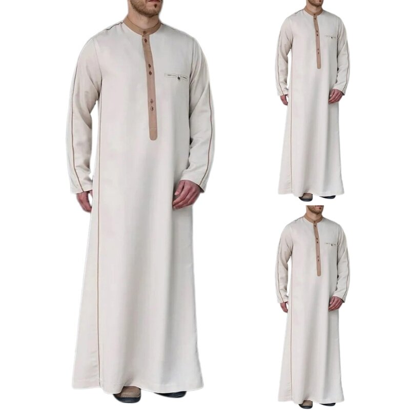 634C رداء رجالي للمسلمين ملابس فضفاضة برقبة دائرية عربية متوسطة الجودة قفطان مسلم ثوب رداء طويل الأكمام ملابس عرقية