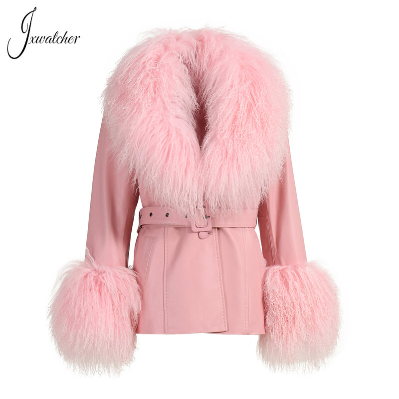 Jxwatcher Genuine Leather Jacket for Women Real Mongolian Fur Collar Cuffs Ladies Real Sheepskin Coat with Belt Spring Outerwear