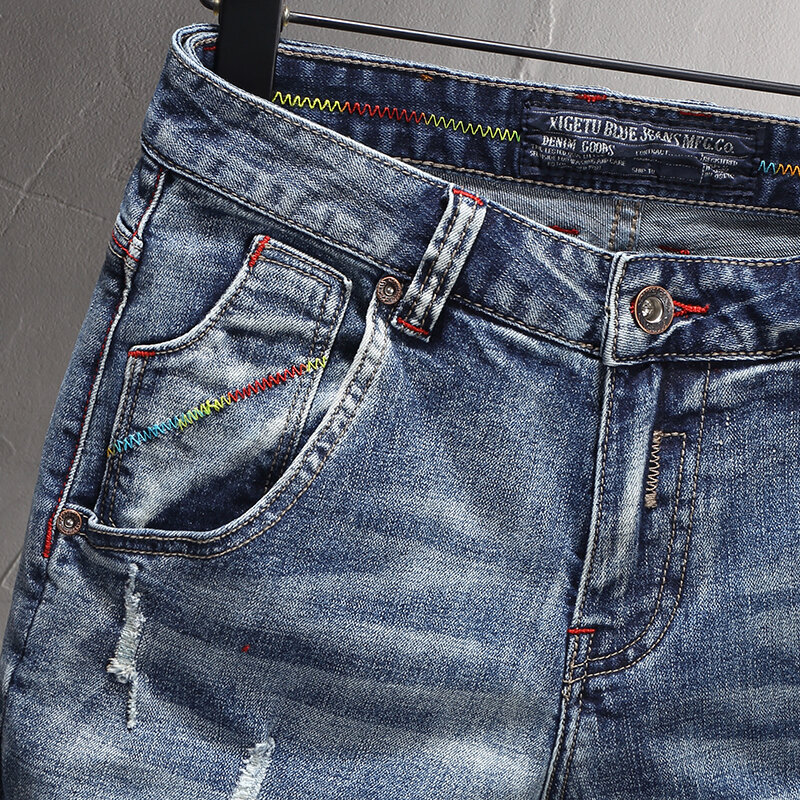 Sommer mode Männer Jeans Retro blau Stickerei Patchwork Designer zerrissen kurze Jeans Slim Fit Vintage Casual Denim Shorts Männer