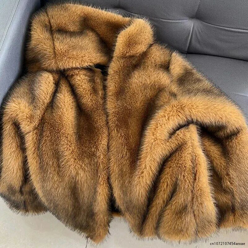 QNPQYX-abrigo grueso de piel de zorro sintética con capucha para mujer, chaqueta holgada de longitud media, cálida y holgada, moda de invierno