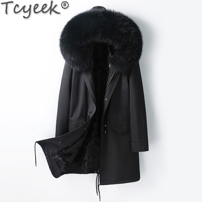Tcyeek-Casaco de pele de vison real para homens, forro longo, parka destacável, casaco quente de inverno, gola de pele raposa