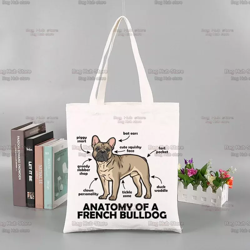 Buldogue Francês Kawaii Animal Canvas Saco De Compras, Eco Mercearia, Tote Bolsa, Frenchie Anatomia do Francês