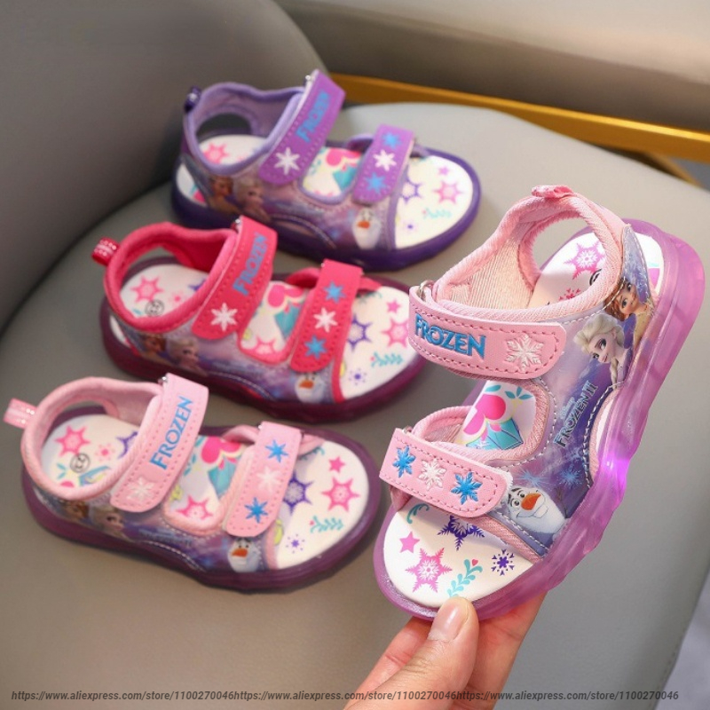 Disney Frozen Cartoon Sneakers for Children, Sapatos casuais para meninas, LED Light, Sandálias Flash, Princesa Elsa, Bebê, Crianças