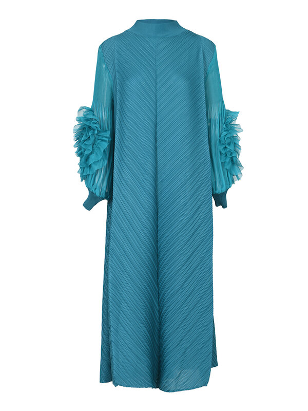 LANMREM 맥시 플리츠 원피스 라운드 넥 스플라이스 곰팡이 풀 슬리브 드레스, 여성용 용수철 의류, 2Qa1331, 2024 신상