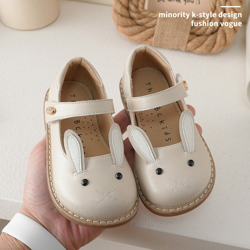 Children Leather Shoes Girl's Cute Rabbit Shallow French steady shoes Baby's Quality Leather Casual Leather Size 21-30