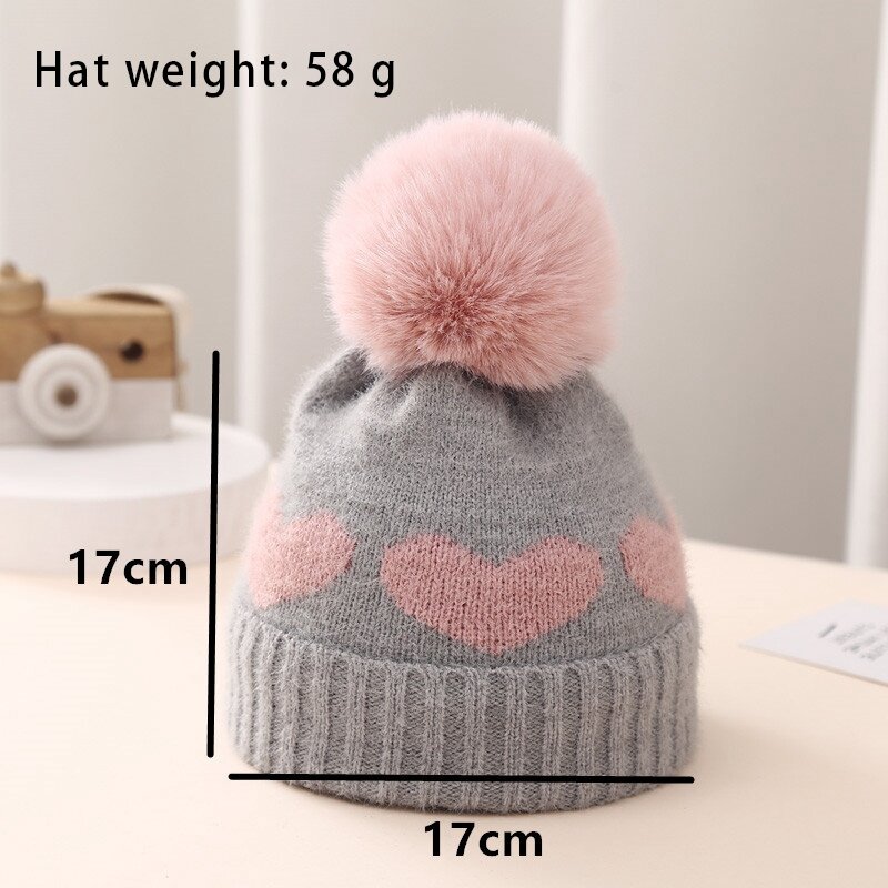 Baby Girls Beanie Hat Infant Heart Pattern Plush Pom Knit Winter Warm Hat for Newborn Toddler Kids Cap