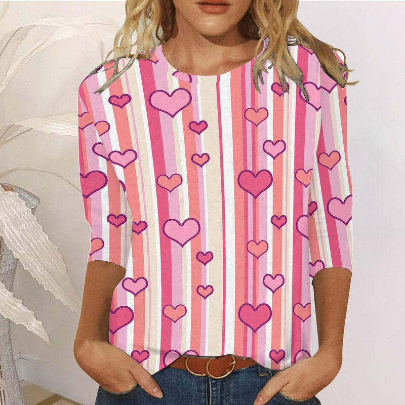 T-shirt à manches trois-quarts et col rond pour femmes, chemisier confortable à imprimé floral