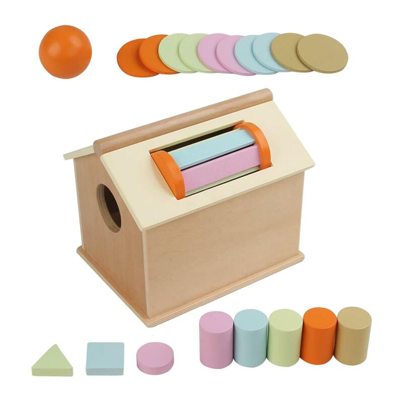 Madeira Montessori Ball Coin Drop Toy House para Bebês, Brinquedos Educativos, Objeto Permanence Box
