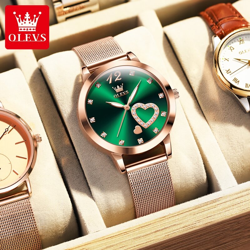 OLEVS นาฬิกาควอทซ์หน้าปัดสีเขียวแฟชั่นสแตนเลสนาฬิกาผู้หญิงกันน้ำแบรนด์หรูนาฬิกาข้อมือผู้หญิง montre Femme