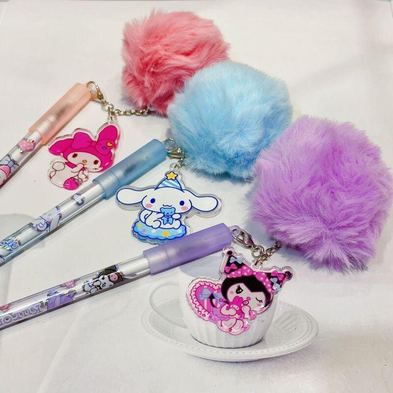 Sanurgente-Stylo gel Kuromi Melody Cartoon Plush Pendant, Kawaii Students Staacquering, Cute School Signature Pen, Wholesale, 12 Pcs, 24Pcs