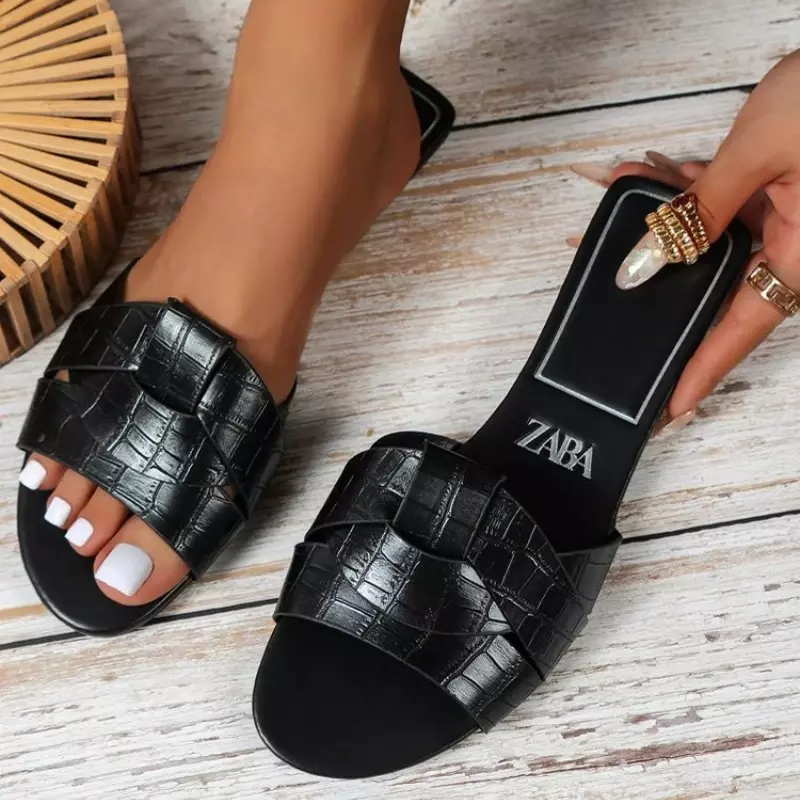 2024 New Designer Traf Woman Flat New Slippers Woven with Comfortable Women's Shoes Casual Bottom Slippers Women's Shoes Summer