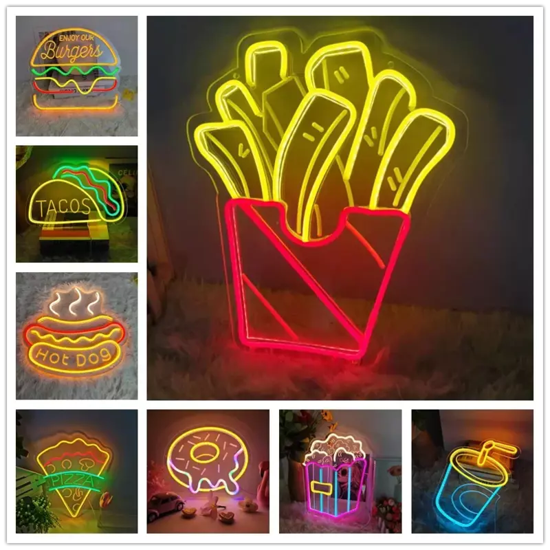 Fries Neon Sign Hot Dog Hamburger Pizza Cake Donuts LED Neon Lighting Lamps USB Party Restaurant Shop Kawaii Room Decor
