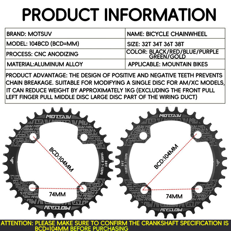 Manivela redonda para bicicleta, rueda de cadena angosta y ancha de placa única con forma redonda MTB 104BCD, 32T/34T/36T/38T