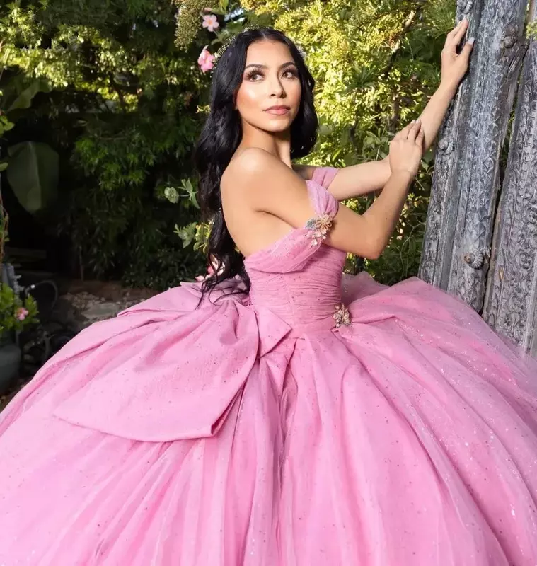Pink Quincenara Dresses With Big Bow Off The Shoulder Girl Ball Gown Vestido De 15 Años Princess Party Formal Dress 2024