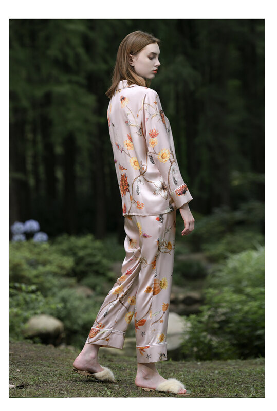 Birdtree-100 % Conjunto de pijama de seda real para mulheres, lapela, manga comprida, calça, casual, respirável, conforto, loungewear suave, outono, S41440QD