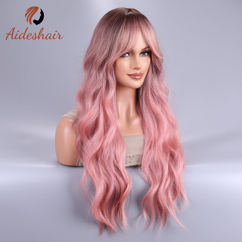 Long Body Wave Ombre Black Pink Cosplay Wigs Heat Resistant Synthetic Wigs Middle Part Natural Lolita Wigs For Women