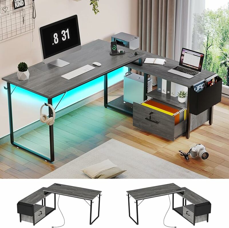 SEDETA 55" L Shaped Desk, Reversible Corner Office Desk with Lock Drawer for Legal/Letter Size, Gaming Desk with LED Lights, Sma