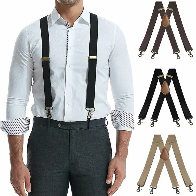 3.5cm Wide Vintage Suspenders Adjustable X-Black Elastic Braces Wedding Party 4 Bronze Hook Clips Trouser Straps Belt