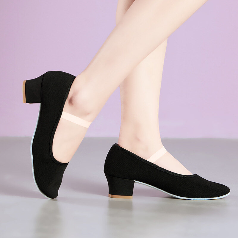 Children professional ballet Dance shoes physical training shoes for adults Mid heel soft soles dance teacher shoes black